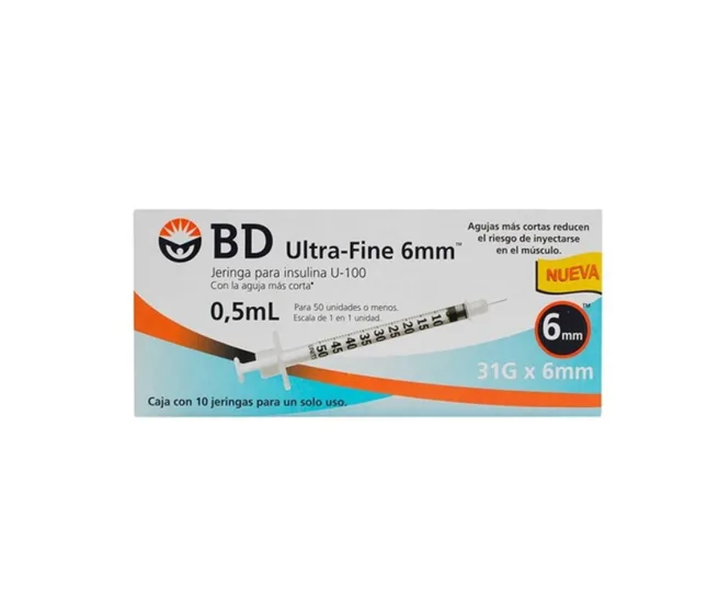 JERINGA 0.5mL. (BD U-Fine) Insulina c/AGUJA INTEGRADA 31Gx6mm. c/10 Pzs.